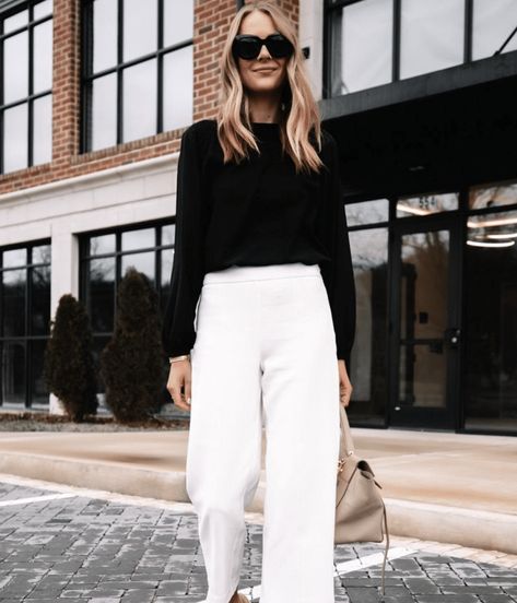 White Pants And Black Top Outfits, Black And White Outfit Ideas Party Chic, Black Top And White Pants, Womens Black And White Outfits, Black Sweater White Pants, Black Top White Bottom Outfit, Black And White Work Outfit Office Wear, Black And White Outfit Winter, Black & White Outfits