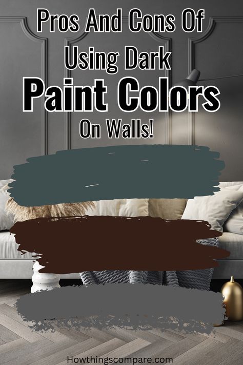 Using Dark Colors On Walls: Pros And Cons Explained Your favorite color can be found in many different shades and intensities. If you love dark colors, be aware that adding it to the walls can be a big commitment. It may take several coats to get it covered. However, if you love it, it will be worth it! Two Dark Walls Living Room, Dark Paint Ideas Wall Colors, Dark Painted Paneling Walls, Dark Chocolate Walls, Black Furniture Wall Color Ideas, Dark Auburn Paint Color, Dark Brown Accent Wall Living Room, Dark Wall Colors Bedroom, Dark Interior Walls