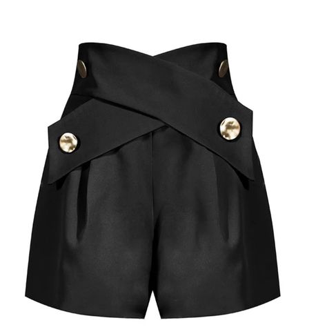 Black High Waist Shorts With Golden Details Gold Decorative Buttons At Front With Side Pockets Decorative Pockets At Back Zipper At Back High Waist Pliers At Front Fabric: Cloth Oc Fashion, Black High Waisted Shorts, Zipper Shorts, A Line Shorts, Polyester Pants, High Waist Shorts, Black High Waist, Loose Style, Pant Style