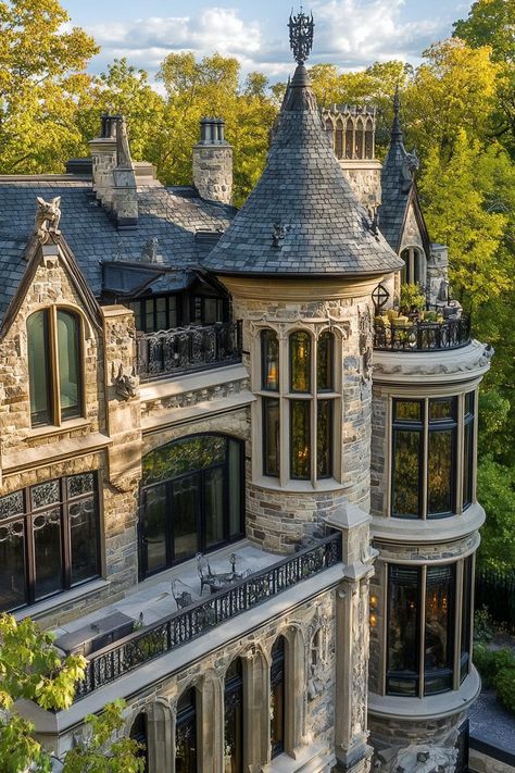 Unique gothic castle style mansion with gargoyle scultpures and modern glass windows near above view. Check out these innovative mansions that blend luxury, creativity, and modern comfort to turn any estate into a haven of stylish grandeur. Renovated Stone House, Cool House Designs Exterior, Dream Home Build, Old Victorian Mansions Gothic, Modern Castle House Exterior, Mansion Floor Plans 2 Story, Castle Looking Houses, Italianette House, Chalet Mansion