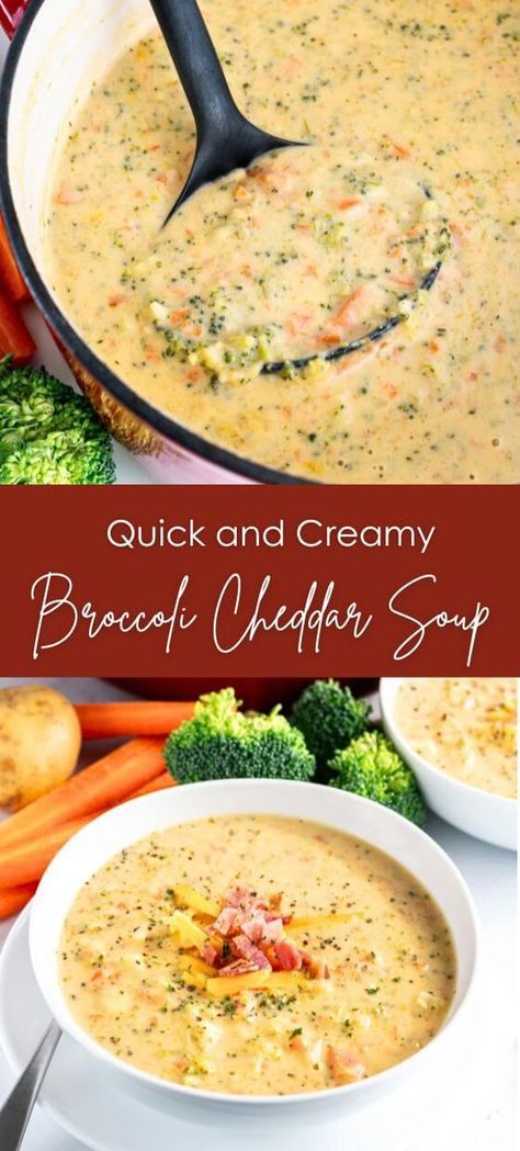 Quick and Creamy Broccoli Cheddar Soup Cheddar Broccoli Soup Recipe, Broccoli And Carrot Soup, Cheddar Broccoli Potato Soup, Irish Soup, Creamy Broccoli Cheddar Soup, Broccoli Potato Soup, Cheddar Soup Recipe, Broccoli Cheese Soup Recipes, Creamy Broccoli