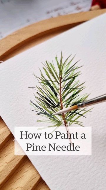 How To Paint Pine Needles Acrylic, Watercolor Pine Needles, Watercolor Doodles Easy Christmas, Pine Tree Watercolor Tutorial, Water Paint For Beginners, Watercolor Evergreen Trees How To Paint, Watercolor Art Decor, Watercolor Cards For Beginners, Acrylic Painting Cards Ideas