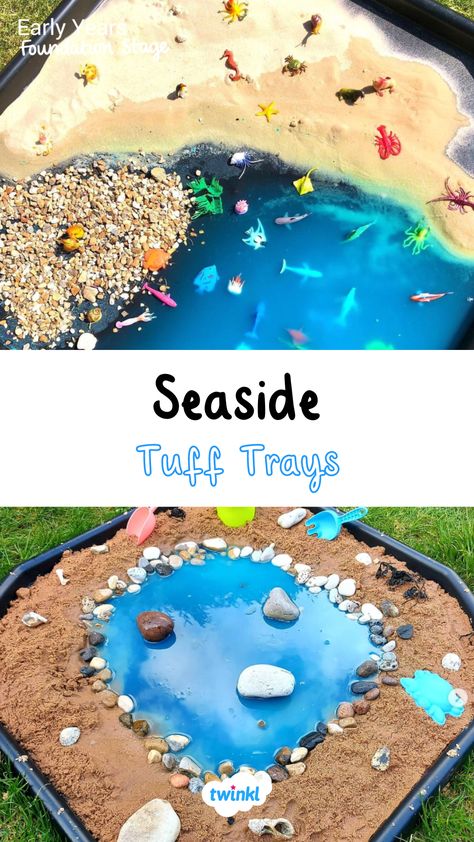 A wonderful seaside tuff tray is perfect for your seaside eyfs topic this summer! Click for more tuff tray ideas. Thanks to @ourlittleworldofplay @playfulwonders Pirate Tuff Tray Eyfs, Seaside Tuff Tray Eyfs, Summer Tuff Tray Ideas Preschool, Seaside Tuff Tray Ideas, Beach Tuff Tray Ideas, Seaside Eyfs Activities, Eyfs Summer Activities, Summer Tuff Tray Ideas Eyfs, Beach Tuff Tray