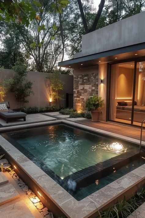 15 Stunning Plunge Pool Ideas for Small yards 19 Small Garden With Small Pool, Small Home Pool, Small Pools For Small Yards, Small Swimming Pool Designs, Plunge Pool Ideas, Tiny Pool, Small Pool Ideas, Small Pools Backyard, Pool Ideas For Small Yards