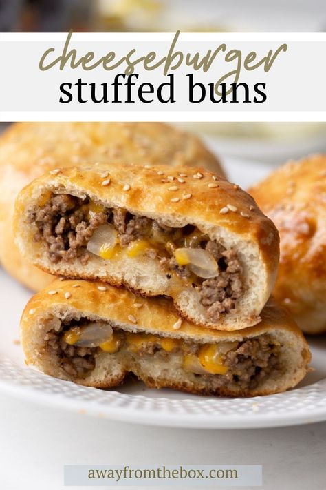 #ad These super yummy cheeseburger stuffed buns are packed with beef, cheese, onions and wrapped in golden brown pizza dough. They're easy to prepare and fun to eat while watching the game! #Safeway Meat Stuffed Buns, Klobasnek Recipe, Sausage Kolache, Stuffed Buns, Kolache Recipe, Pizza Buns, Baked Appetizers, Deli Counter, Queso Recipe