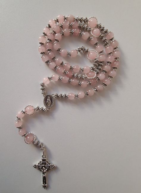 Natural pink stone beaded prayer rosary beads. Made out of natural rose quartz beads, alloy cross set, rings. There is an option to have it in a gift box or wrapped. bead size pink  - 8mm, alloy rings - 10 mm, alloy beads - 4 mm. handmade made yo order perfect gift for mums sisters partners or even blessed present for baby shower. New option added choose from Blue chalcedony or rose quartz Orthodox Rosary, Rosary Ideas, Alloy Rings, Sister Gift Ideas, Pink Rosary, Catholic Veil, Handmade Rosary, Personalized Rosary, Rosary Jewelry