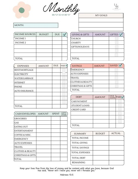 Here is a basic digital download of a monthly budget. It is so easy, user friendly and will help you with your finances. With this basic monthly budget you can put a plan in place for your money! Creating a budget helps you save money, pay off debt, manage your finances and accomplish goals. What are your savings goals? What are you financial goals for the rest of 2024? How do you want to make these goals happen? What steps can you do this month to begin planning for your financial future? www.lisahice.com Instagram @lisa.d.hice YouTube Channel Lisa Hice |Pause, Pray * Simplicity Budgets For Beginners Printables, Budget Planner College, Newlywed Budget Template, Budget For Monthly Paycheck, Financial Planner Ideas, Budget Goodnotes Free, Budget Planning Ideas, Single Mom Savings Plan, Organizing Finances Ideas