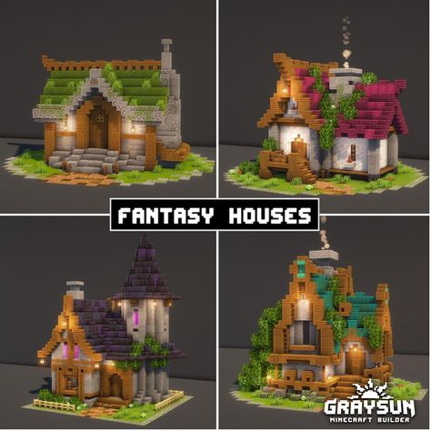 Minecraft fantasy houses designs Building ideas Minecraft Enchantment House Designs, Fantasy Builds In Minecraft, Minecraft Villager Building, Easy Minecraft Village Houses, Kingdom Minecraft Ideas, House Village Design, Minecraft Fantasy Village House, Minecraft Villager Bell Ideas, Minecraft Fantasy House Blueprint