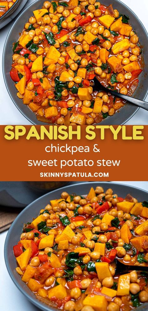 A grey bowl of chickpea and sweet potato stew with a black spoon in it Chickpea Sweet Potato Stew, Chickpea Sweet Potato Recipes, Sweet Potato Garbanzo Beans, Sweet Potato And Beans Recipes, Spanish Chickpea Stew, Chickpea And Potato Recipes, Sweet Potato Bean Soup, Sweet Potato Stew Recipes, Sweet Potato Vegan Recipes