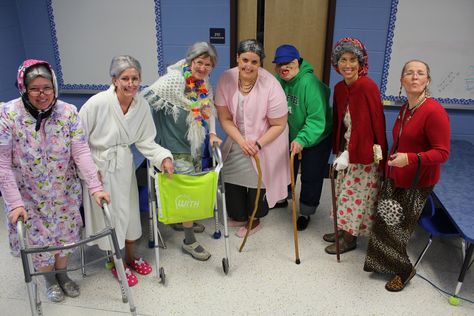 Teachers Dressed Up for 100th Day! Grandma Costume Robe, Senior Citizen Day Spirit Week Dress Up, 100th Day Of School Teacher Costume, 100 Year Old Costume For Teachers, Senior Citizen Day Spirit Week Outfits, Granny Dress Up, Elderly Costume, Senior Citizen Day Spirit Week, Senior Citizen Costume