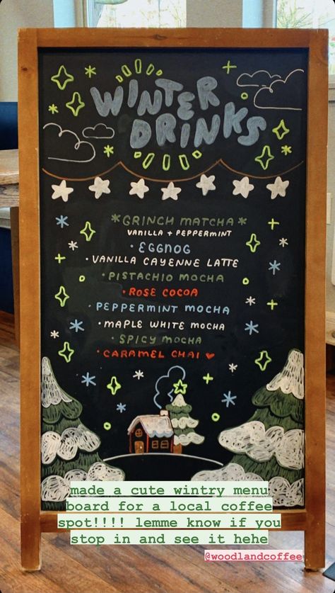 Cute Cafe Sign, Chalk Menu Board Ideas Coffee Shop, Chalk Board Ideas For Businesses, Christmas Coffee Shop Signs, Cafe Menu Blackboard, Chalk Art Menu Board, Chalkboard Business Sign, Barista Board Ideas, Chalkboard Coffee Menu Design