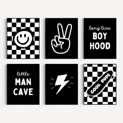 PRICES MAY VARY. Set of 6 Prints: This set includes six Little Man Cave & Long Live Boyhood prints accompanied by 60 adhesive dots, offering versatility and variety for your decorating needs. High Quality Materials: Crafted from premium 300GSM paper with an elegant film coating, these prints are durable and dust resistant, preserving your images with clarity and texture. Nursery Wall Decor: Ideal for decorating a little man's space, these posters can be easily applied to the wall or framed for a Black Wall Nursery Boy, Rock Nursery Theme, Punk Rock Nursery, Pottery Barn Toddler Room Boy, Boys Room Theme Ideas, Long Live Boyhood Nursery, Skate Nursery, Sports Themed Nursery For Boys, Boys Room Small Space