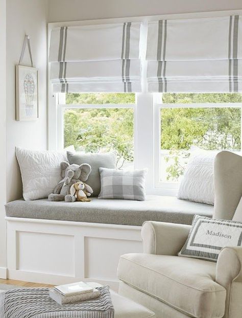 Roman Blinds are a great option for window dressings - My Top 10 Favourite looks are in my blog post Pottery Barn Roman Shades, Best Blinds, Window Benches, غرفة ملابس, Window Seat, Bay Window, Curtains With Blinds, Window Coverings, 인테리어 디자인