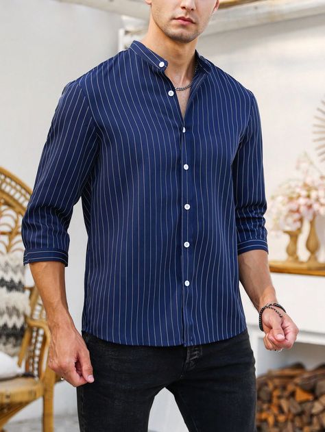 Navy Blue Casual Collar Long Sleeve Fabric Striped Shirt Embellished Non-Stretch  Men Clothing Striped Shirt Outfit Men, Blue Striped Shirt Outfit, Outfits With Striped Shirts, Shirt Outfit Men, Dressing Sense, Blue Striped Shirt, Navy Blue Shirts, Fashion Shirts, Men Shirts