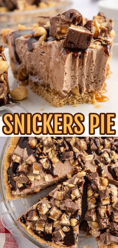 Snickers Pie is a delicious no bake dessert recipe with a graham cracker crust and a creamy filling made with cream cheese, cocoa powder, caramel sauce and Cool Whip all loaded with salted peanuts and chopped Snickers candy bars. Snicker Pie Recipe, Snicker Bar Salad, Trash Pie Recipe, Graham Cracker Crust Dessert, Snickers Dessert, Snickers Pie, Snickers Recipe, Light Headed, Chocolate Graham Cracker Crust