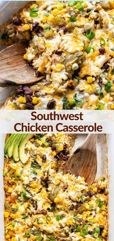 This southwest chicken casserole is an easy to make dinner the whole family will enjoy! Made with chunks of chicken, rice, green chiles, black beans, corn, and a flavorful spice blend. It all bakes together in one pan making clean-up super simple! #casserole #chickencasserole #chickenandrice #chickenrecipe #easymeals #healthydinner #Mexicanfood Southwest Chicken Casserole, Southwestern Chicken Casserole, Runner Recipes, Recipe Runner, Asian Steak Bites, Easy Casseroles, Southwestern Recipes, Black Beans Corn, Corn Chicken