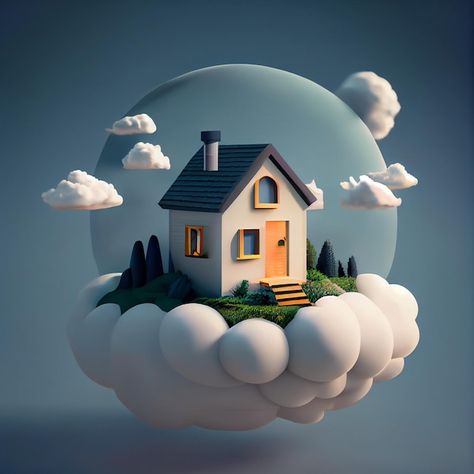 Photo cute house in the clouds dream hom... | Premium Photo #Freepik #photo #3d-house #fantastic #cute-house #surreal Dream House Illustration, 3d Modeling Ideas, Blender House, Blender 3d Art, Blender Projects, Cloud House, House In The Clouds, Mecca Images, Home 3d