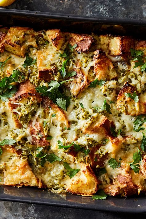 Savory Bread Pudding, Scallions Recipes, Savory Bread Puddings, Vegetarian Comfort Food, Gratin Dish, Savory Bread, Nyt Cooking, Bread Pudding, Artichoke