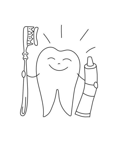 A tooth with a toothbrush and toothpaste. Dentistry, tooth brushing. Shiny Healthy happy white tooth. Protection from germs and cavities. Doodle style. Oral hygiene. Vector graphics. Brush Teeth Drawing, Tooth Drawing Cute, Tooth Brush Drawing, Toothpaste Drawing, Tooth Doodle, Brushing Teeth Drawing, Toothbrush Drawing, Tooth Graphic, Tooth Drawing