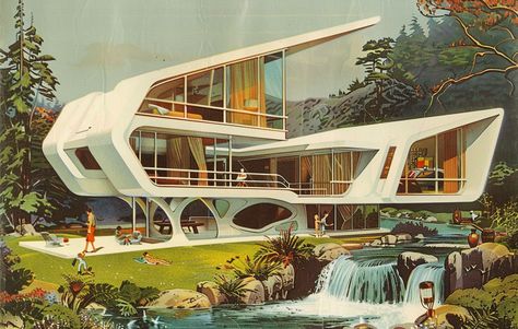 Retro Sci Fi Architecture, Retro Futuristic House Exterior, Retro Futurism House Exterior, Futuristic House Design Exterior, Retro Futuristic House, Futuristic House Exterior, Retro Futuristic Architecture, Retro Futurism Interior, Retro Exterior