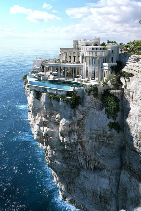 Massive modern palace mansion on a cliff. Check out all of these massive houses that blend luxury with functionality–the grandeur of luxury dream living. Modern Hillside Mansion, Futuristic Palace, Modern Castle House, Modern Mansion Luxury, Castle House Modern, Ocean Homes, Futuristic Mansion, Massive Mansion, Modern Palace