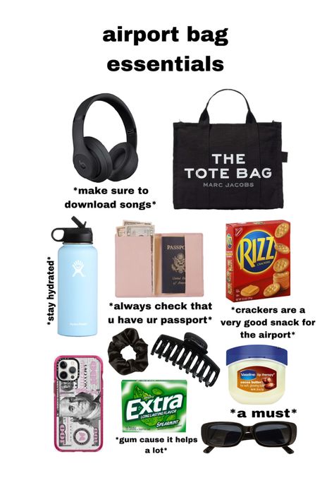 airport bag essentials, airport, aiport essentials, bag essentials, tote bag, hydroflask, vaseline, cocoa butter vaseline, headphones, snacks, passport, gum, iphone 13, sunglasses Airport Bag Essentials, Airport Essentials, Trip Essentials Packing Lists, Airport Bag, Balenciaga Outfit, Road Trip Bag, Road Trip Kit, Air Port, Everyday Bag Essentials