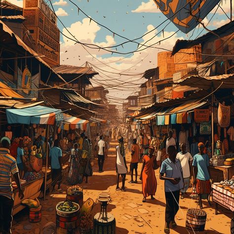 People are all through the streets getting what they need handled, handled for the day, they are resilient in achieving their goals as well. The people are seen doing everyday tasks. African Village Art, Alakh Niranjan, African Animation, Kenyan Art, Diwali Board, Resilient People, African Hut, African City, Geometric Art Animal