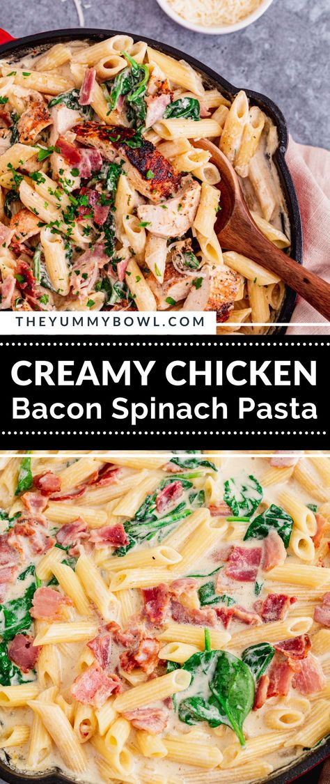 Chicken Bacon Spinach Pasta Recipes, Creamy Chicken Bacon Spinach Pasta, Chicken Bacon Spinach Alfredo, Cooked Chicken And Spinach Recipes, Chicken And Bacon Pasta With Spinach, Creamy Chicken Spinach Pasta Recipes, Chicken Bacon Spinach Recipes, Chicken Dinner With Spinach, Spinach Bacon Pasta Recipes