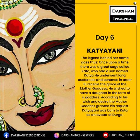 Devi Katyayani is the 6th form of Mother Durga, worshipped on the 6th day of Navratri. Mother Durga is born to Sage Katya as his serene and loving daughter, being impressed with his sincere worship for her. She is worshipped as the Warrior Goddess, being the fiercest form of Goddess Durga, she is referred to as Bhadrakali, Shakti, and Chandika too. Day 6 Of Navratri, Day 6 Navratri Goddess, Day 6 Navratri, Navarathri Devi Images, Navratri 6th Day, Navratri Day 1 To 9, Devi Katyayani, 6th Day Of Navratri, Katyayani Devi