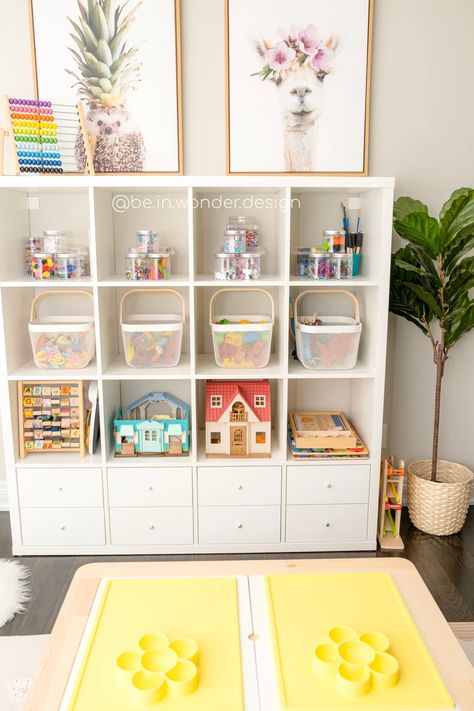 Children Craft Storage, Corner Playroom Storage, Shelves For Kids Toys, Playroom Stackable Storage, Playroom Ideas Ikea Storage, Toy Storage For Bedroom Children, Kallax In Playroom, Playeoom Storage, Playroom Storage Ideas Ikea