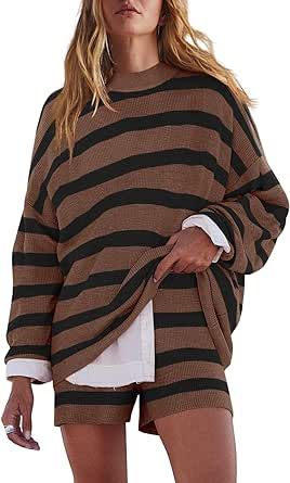 LAMISSCHE Womens Oversized Lounge Sets 2 Piece Outfits Striped Matching Pajama Set Long Sleeve Sweater Set Sweater Sets Womens, Matching Pajama Set, Two Piece Loungewear, Oversize Outfit, Pajama Set Long, Womens Loungewear Sets, Matching Pajama, Sweat Set, Matching Pajamas