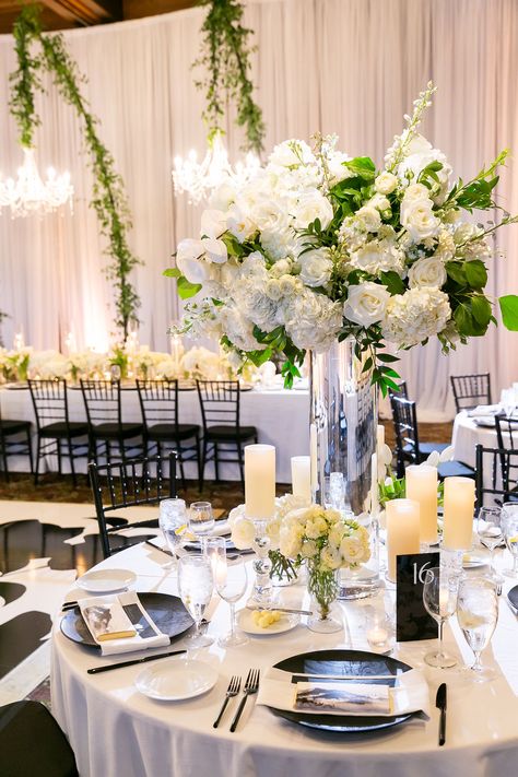 Rolfes Summer Classic White Green Black Wedding Tall Round Table CenterpieceWhite rose, white hydrangea, white spray rose, white phalaenopsis orchid, white stock, white delphinium - tall glass cylinder, pillar candles, small vases - tall round table centerpiece Tall Round Table, Green Black Wedding, White Spray Rose, Round Table Centerpiece, Round Table Centerpieces, White Delphinium, White Phalaenopsis Orchid, Hydrangea White, White Spray Roses