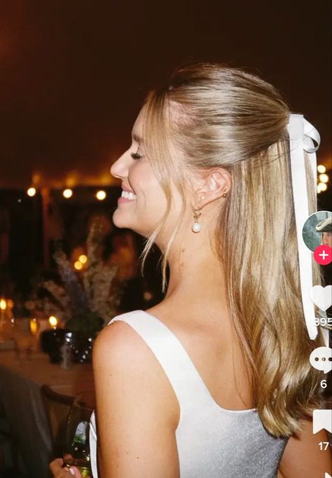 Simple Wedding Down Hairstyles, Wedding Hair Minimal, Tucked Hair Wedding, Wedding Hair Blowout Half Up, Straight Long Hair Wedding, Bridal Hair Simple Down, Bridal Hair Half Up Bangs, Big Hair Half Up Half Down, Sofia Richie Hair Wedding