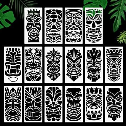 Tiki Pattern Design, Tiki Totem Diy, Tiki Boxes Diy, Tiki Faces Template, Tiki Stencil, Diy Tiki Decorations, Wood Carving Patterns Templates, Tiki Maske, Totem Tiki