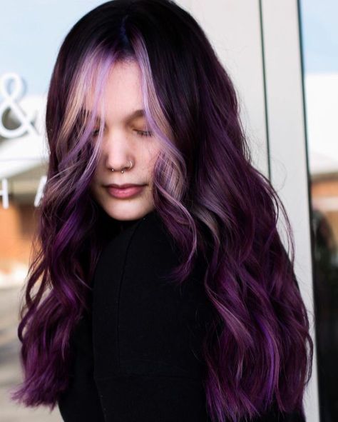 Dark Purple Hair with Pastel Face Framing Highlights Plum Black Hair, Hair Steps, Red Purple Hair, Pastel Purple Hair, Unnatural Hair Color, Natural Brown Hair, Purple Hair Color, Light Purple Hair, Framing Highlights