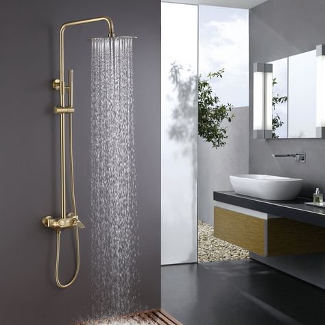 The Rain Shower System is brilliantly simple. Exposed Shower System, Rain Shower System, Gold Shower, Shower Fixtures, Shower Faucet Sets, Rainfall Shower Head, Tub Spout, Shower Kits, Tub Filler