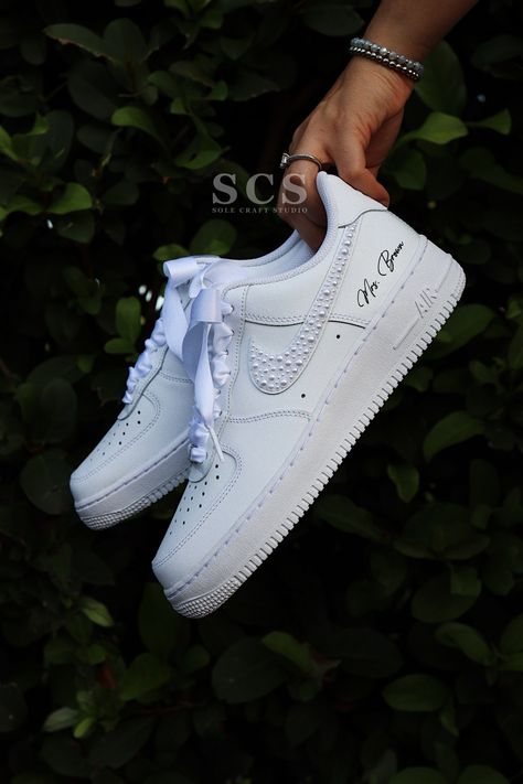 Custom Wedding Sneakers | Nike Wedding Shoes | solecraftstudio Sneakers For Bride, Wedding Sneakers For Bride, Shoes Air Force, Bride Personalized, Air Force 1 White, Bridal Sneakers, Wedding Sneakers, Pearl And Lace, Nike Brand