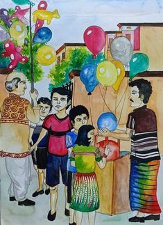 Balloon Man Drawing, Exam Drawing, Subject Drawing, How To Draw Balloons, Figures Drawing, Elementary Drawing, Cartoon Paintings, Namaste Art, Memory Drawing