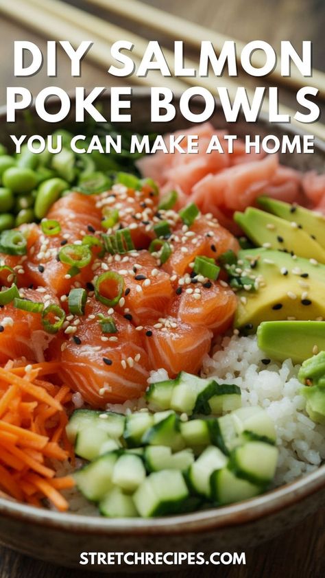 Looking for a fresh and delicious salmon poke bowl idea? This homemade salmon poke bowl is your answer! Enjoy a nutritious meal in just 15 minutes. Save this pin and check out our blog for the full salmon poke bowl recipe! Salmon Tzatziki Bowl, Paleo Poke Bowl, Baked Salmon Bowl Recipe, Poke Recipe Salmon, Poke Bowl Recipe Sauce, Salmon Poke Bowl Ideas, Raw Salmon Poke Bowl, Asian Poke Bowl Recipe, Pike Bowl Recipe