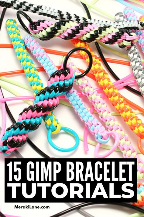 15 Step-By-Step Gimp Bracelet Tutorials | Scoubidou, craftlace, scoobies, lanyard, or gimp bracelets -- whatever you call them, they are a kids activity handed down from generation to generation. If you have forgotten how to make these friendship bracelets and need a refresher, this post is for you! We're sharing a list of essentials to invest in, easy step-by-step tutorials, and the best beginner patterns like the box knot, butterfly knot, and square knot. Give them a try! Lanyard Weaving, Boondoggle Patterns Tutorials, Boondoggle Bracelets, Scoubidou Tutorial, Boondoggle Patterns, Gimp Patterns, Lanyard Patterns, Plastic Lace Crafts, Gimp Bracelets