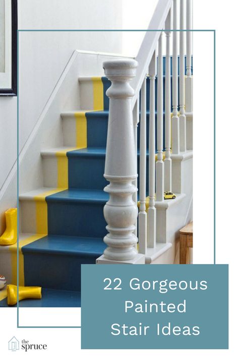 22 painted stair ideas for your home. #stairs #stairideas #paintedstairs #decor #decoration #home Painted Stairs With Stencils, Stairwell Paint Ideas Wall Colors, Painted Wood Stairs Staircase Makeover, Paint Color For Stairs, Painting Staircase Railing, Banister Paint Ideas, Painted Staircases Color, Painted Banister Ideas Colour, Painted Stair Railing Ideas