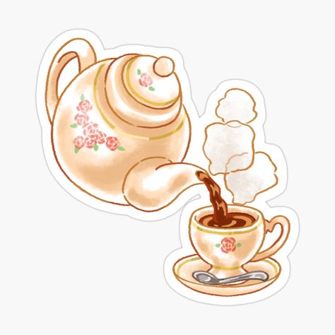 Tea Cup Sticker, Tea Stickers Aesthetic, Tea Stickers Printable, Tea Pot Drawing, Tea Cup Illustration, English Stickers, Afternoon Tea Ideas, Tea Cup Drawing, Tea Time Illustration