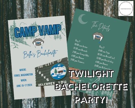 CAMP VAMP! Get ready to host an epic bachelorette party for your Twilight-loving bride. This invitation is perfect for camping trips and cabin stays. The little "bite" of Twilight showcases your bridal party's wild side. Size = 5x7 **THIS IS A DIGITAL CANVA TEMPLATE ONLY.** Once you purchase this item, a file will be sent to your email, giving you access to the template. Edit the information on the template to match that of your bride and your event. The template can be printed right from the Canva website. It's easy and often affordable. Or you may download the template and print through another service of your choosing. Twilight Bachelorette Party, Twilight Bachelorette, Welcome June, Bachelorette Party Invitation, Canva Website, Wedding 2025, Bachelorette Party Themes, Bachelorette Party Invitations, Bach Party