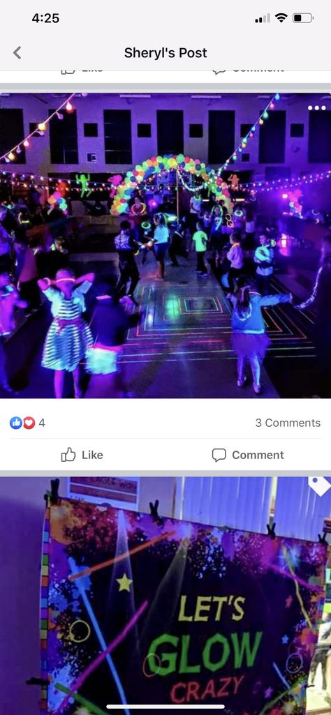 Homecoming Dance Ideas Decoration, Middle School Glow Dance, Elementary School Dance Theme, Homecoming Dance Ideas Theme, Hoco Dance Themes Ideas, Elementary School Dance Decorations, Father Daughter Dance Themes Schools, Mother Son Glow Party, High School Dance Themes Ideas