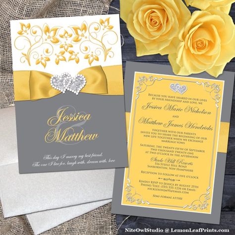 Mustard Wedding Invitations, Gray Wedding Invitations, Grey Wedding Theme, Mustard Wedding, Yellow Grey Weddings, Wedding Invitation Designs, Yellow Floral Print Dress, Yellow Wedding Invitations, Grey Wedding Invitations