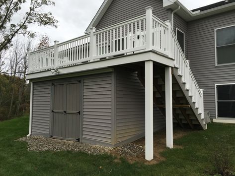 Fiberon Castle Gray Deck with storage shed under deck. Shed Under Deck Ideas, Shed Under Deck, Gray Deck, Under Deck Storage, Patio Under Decks, Grey Deck, Under Deck, Porch Storage, Diy Storage Shed