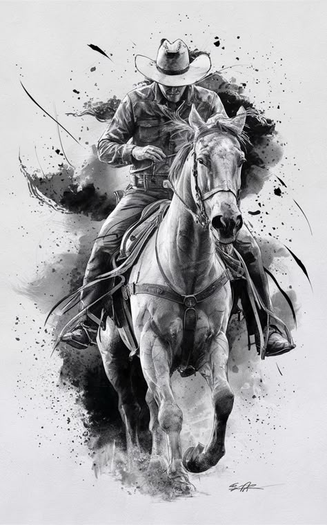 Cowboy Riding Horse Drawing, Western Chest Tattoo, Bull Rider Tattoo, Western Tattoo Designs, Cowboy On Horse Tattoo, Cowboy Art Western, Cowboy Boots Drawing, Outlaw Tattoo, Western Tattoo