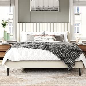 Sismplly Queen Size Bed Frame with Velvet Upholstered Headboard, Platform Bed with Strong Wood Slats, Mattress Foundation, Box Spring Optional, Easy Assembly, Beige Headboard Platform Bed, Modern Style Bed, Bed Base Frame, Tidy Bedroom, Queen Size Bed Frame, Velvet Bed Frame, Full Size Bed Frame, King Size Bed Frame, Queen Size Bed Frames