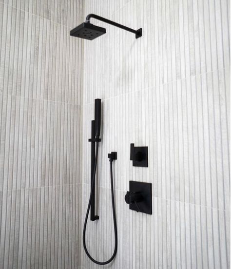 Ribbon Tile Shower Wall, Kenridge Tile, Ribbon Tile Bathroom, Wood Tile Shower Ideas, Kenridge Ribbon, Ribbed Tile, Wood Tile Shower, White Shower Tile, White Tile Shower