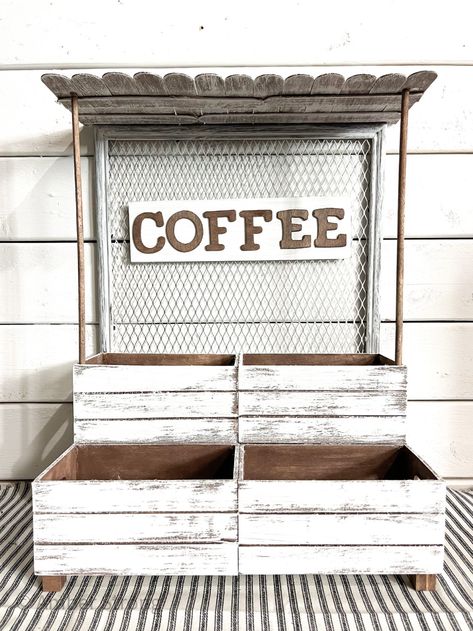 DIY Coffee Bar Organization Station - A Creative Haven Project Diy Coffee Organizer, Coffee Bar Storage Containers, Diy Coffee Bar Organizer, Inexpensive Coffee Bar Ideas, How To Build A Coffee Bar Diy, Fun Coffee Bar Ideas, Diy K Cup Holder Dollar Stores, Camping Coffee Station, Dollar Store Coffee Bar Ideas